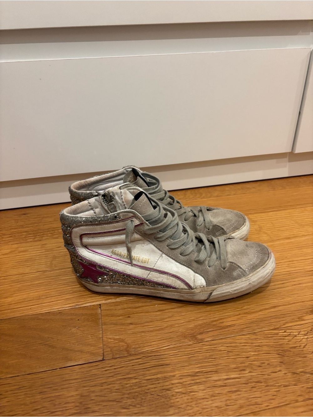 Golden Goose Gray Suede High-Top Sneakers with Purple Accent